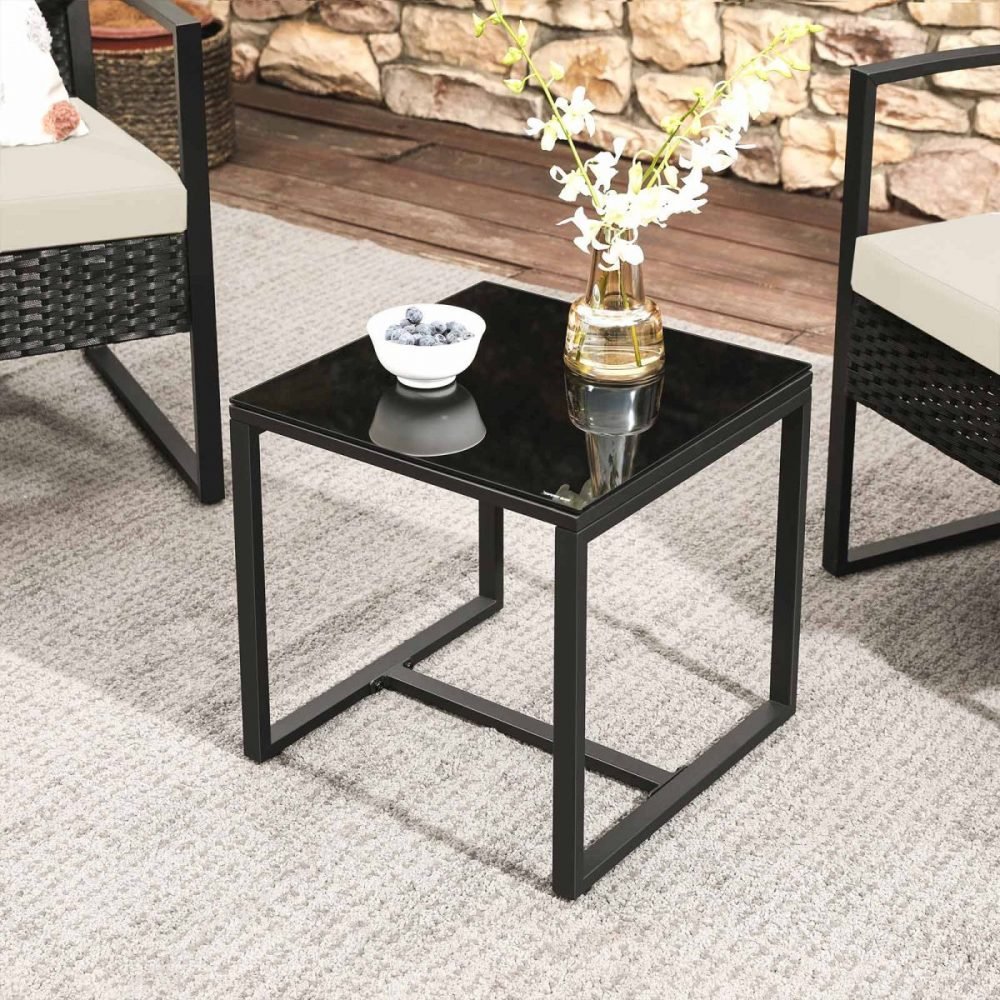 Conjunto muebles ratán jardín 3 piezas, sillas y mesa, negro y blanco - Imagen 4