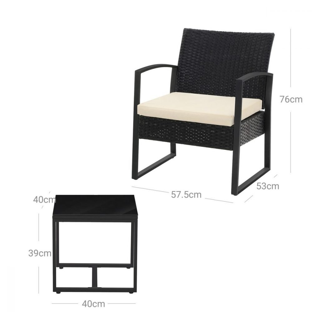 Conjunto muebles ratán jardín 3 piezas, sillas y mesa, negro y blanco - Imagen 7