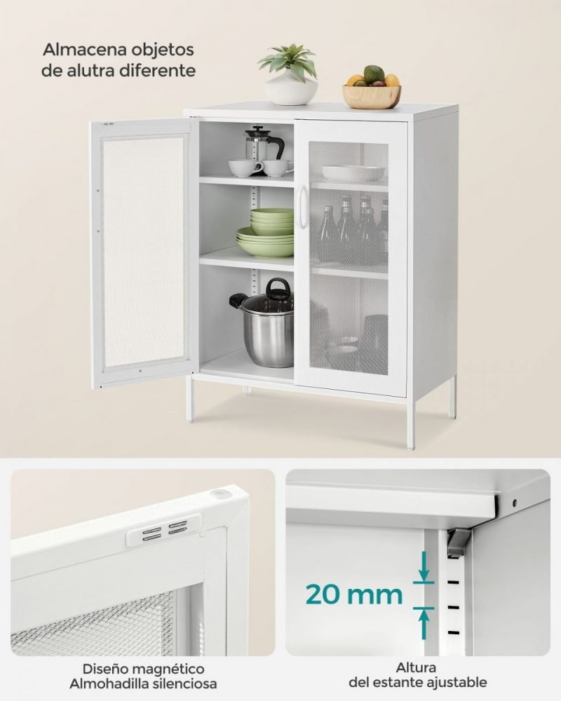 Aparador de metal con puertas de malla, blanco, 3 niveles - Imagen 5