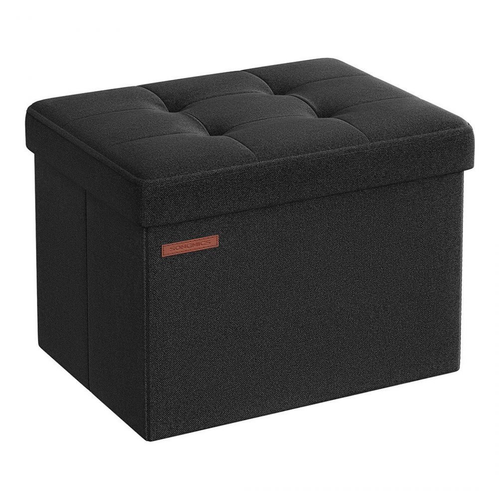Taburete almacenaje con tapa, lino, negro