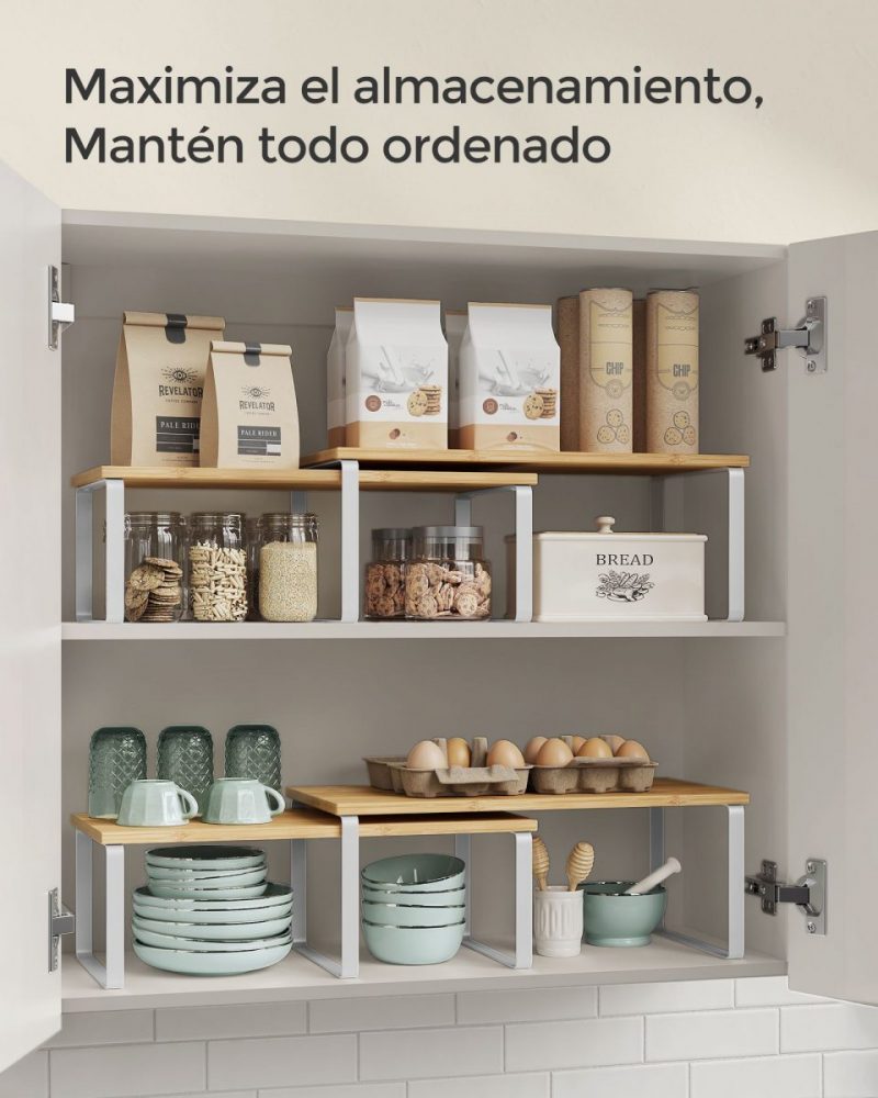 Estantes armarios cocina, metal y bambú, portaespecias apilable, blanco + natural - Imagen 4