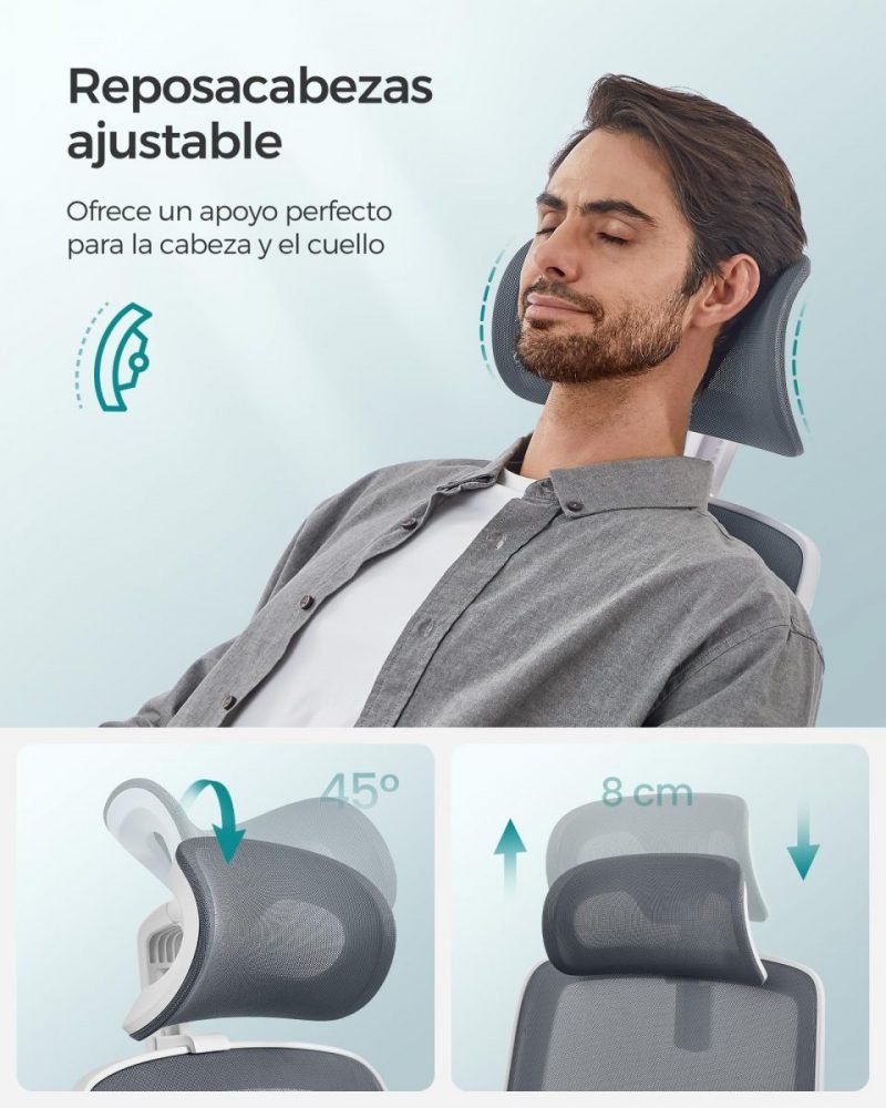Silla ergonómica de oficina, malla, reposacabezas ajustable, gris paloma - Imagen 7