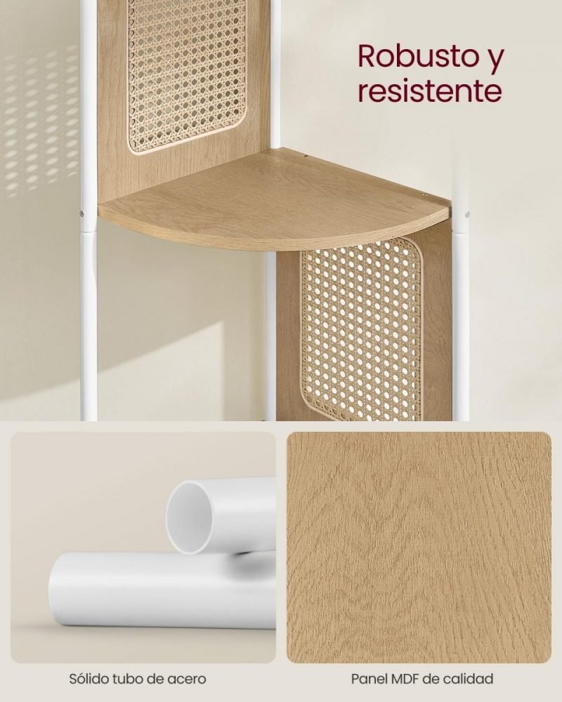 Estantería esquinera 5 niveles, diseño ratán, estructura de metal, beige roble - Imagen 5