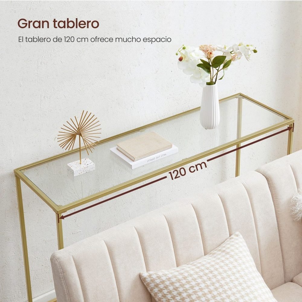 Mesa consola dorada con vidrio templado, patas ajustables - Imagen 6