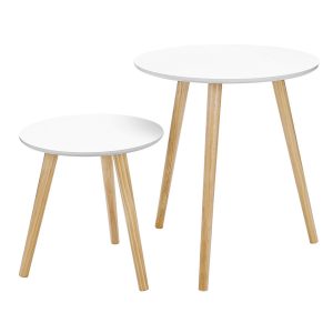 Juego de 2 mesas auxiliares nórdicas, redondas, blanco y natural