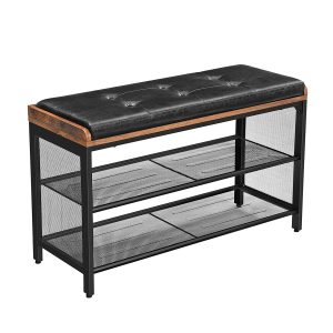 Banco zapatero acolchado con estante de malla, marrón rústico