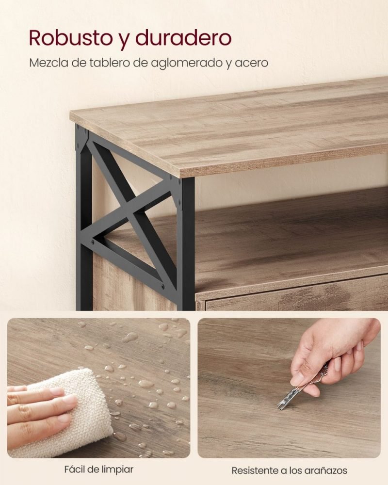 Mueble tv con 2 cajones, estantes abiertos, marrón roble - Imagen 5