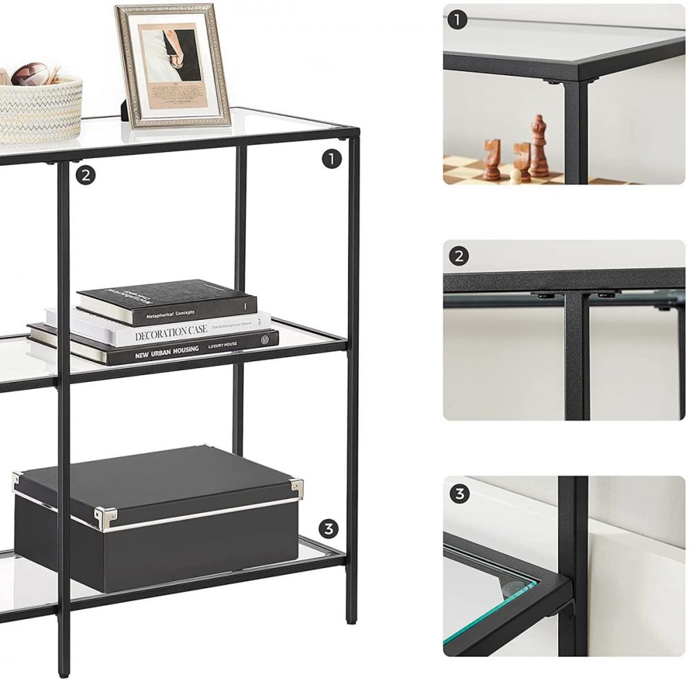 Mesa consola moderna, 3 estantes vidrio templado, negro - Imagen 5