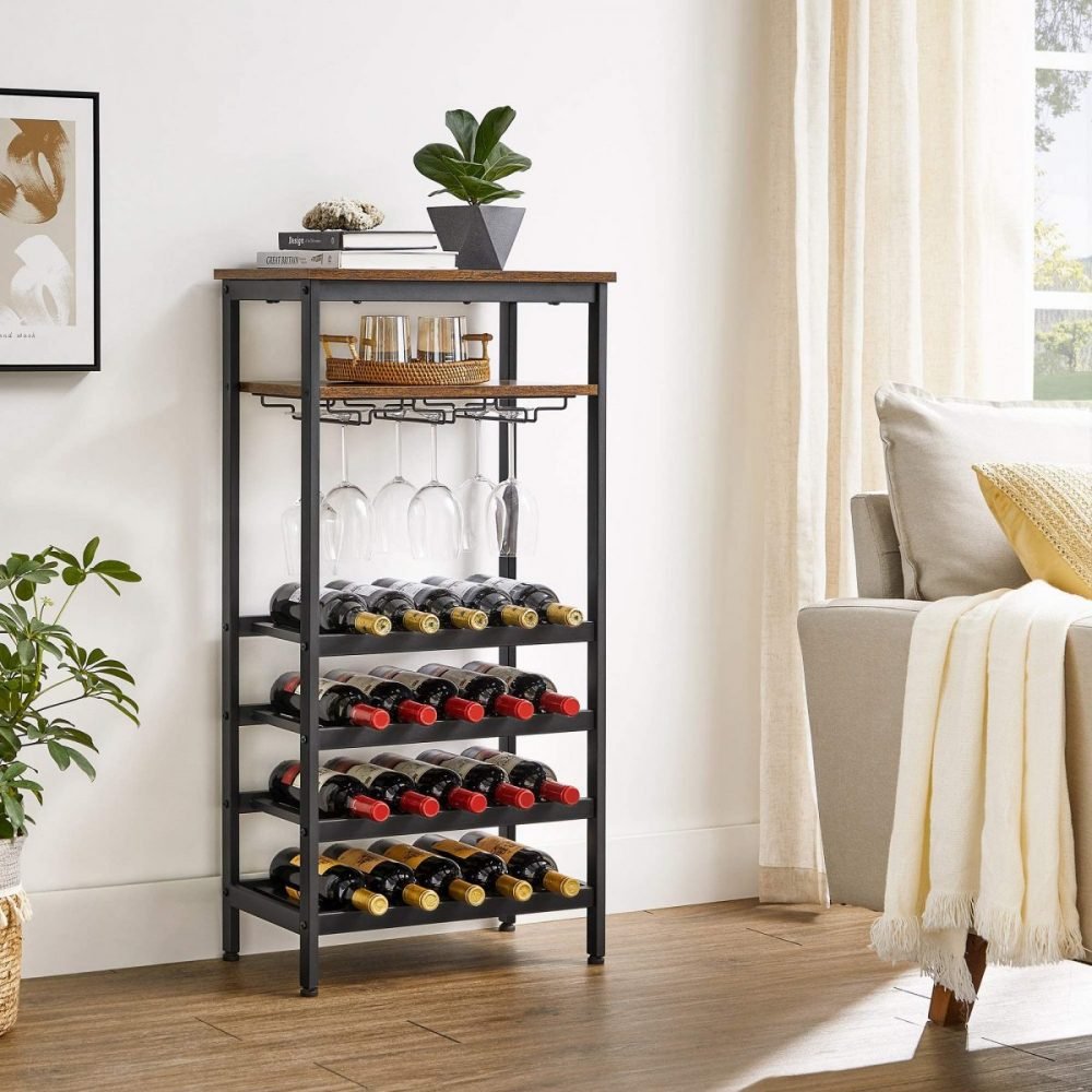 Estantería para 20 botellas con soporte de acero, marrón y negro - Imagen 3