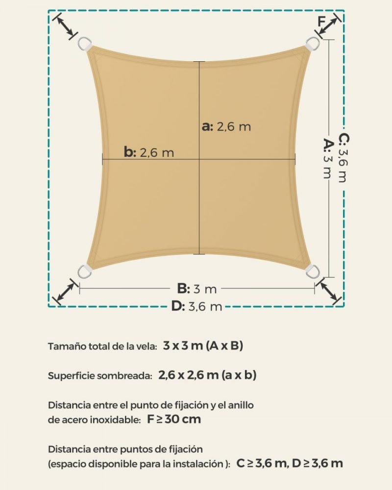 Vela sombra cuadrada 3x3m impermeable, terraza, jardín, amarillo arena - Imagen 8