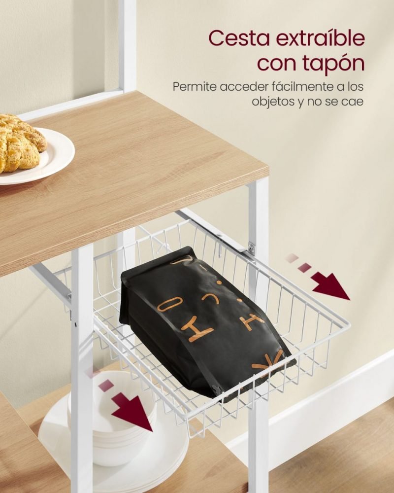 Estantería con isla de cocina, tira magnética y soporte rollos, roble dorado - Imagen 5