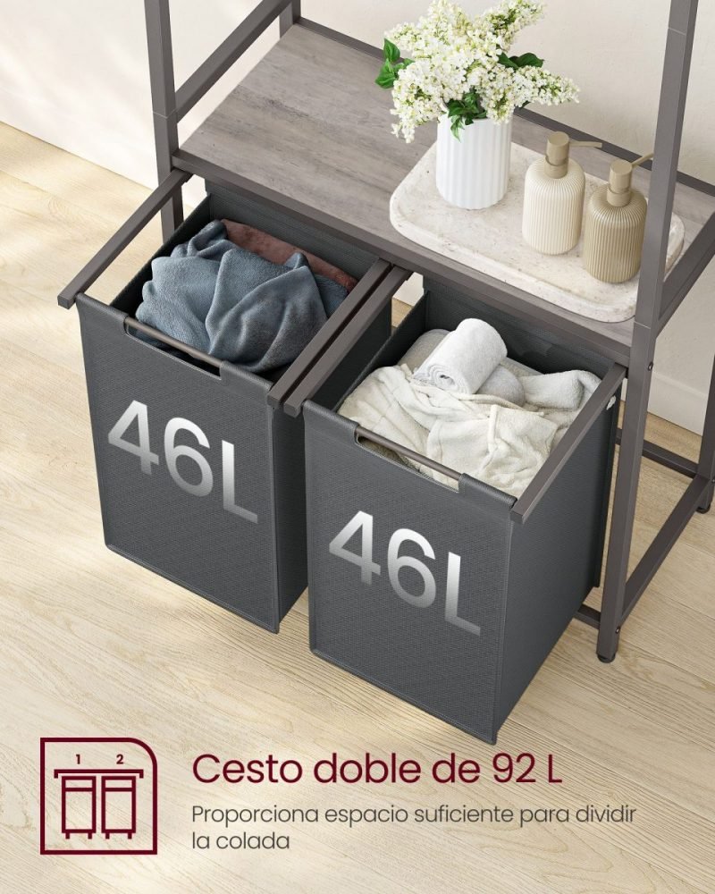 Mueble con cesto doble ropa sucia, barra colgante, estante, greige - Imagen 6