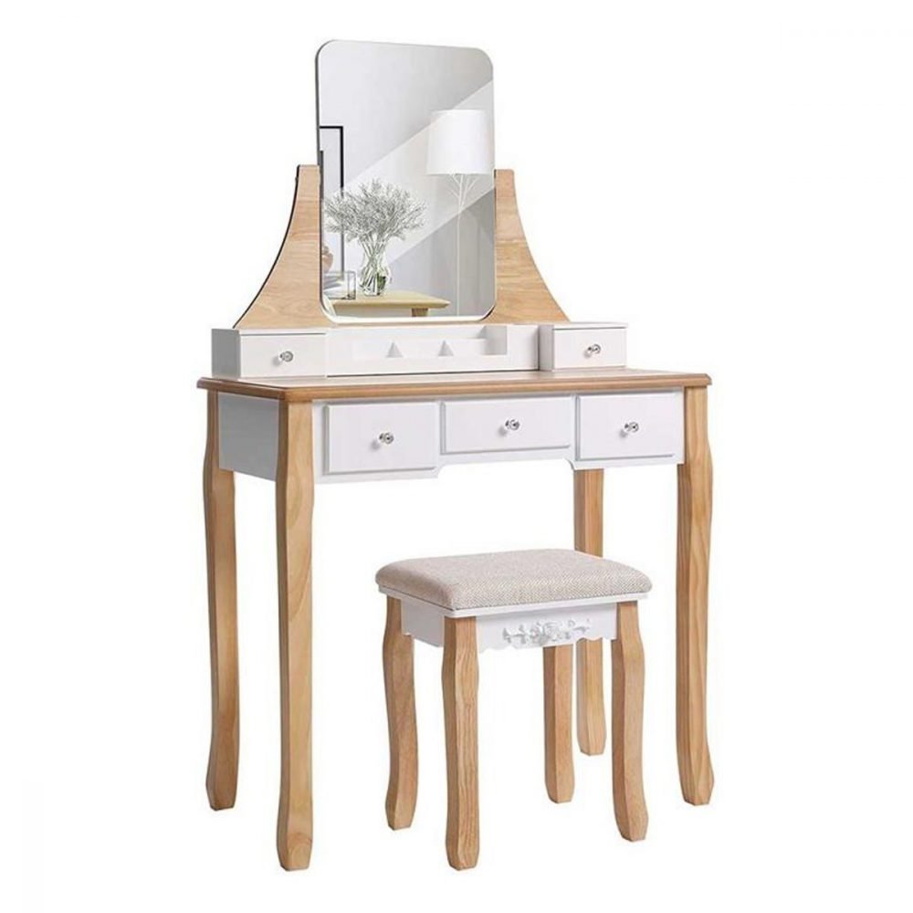 Tocador con taburete y espejo giratorio, 5 cajones, madera