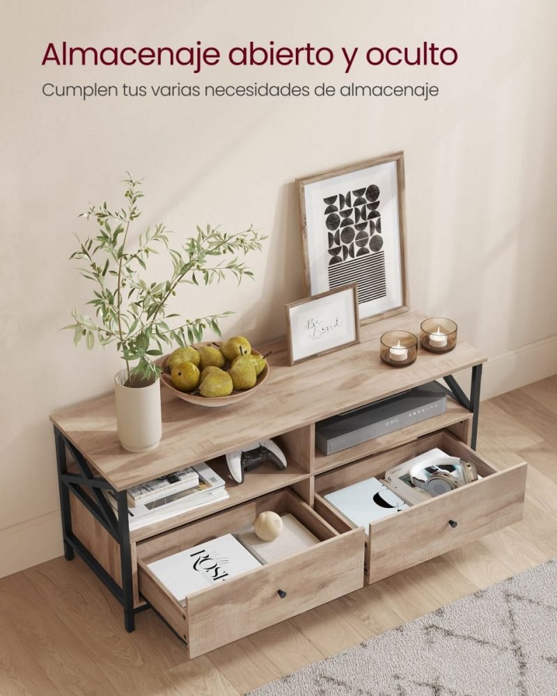 Mueble tv con 2 cajones, estantes abiertos, marrón roble - Imagen 4