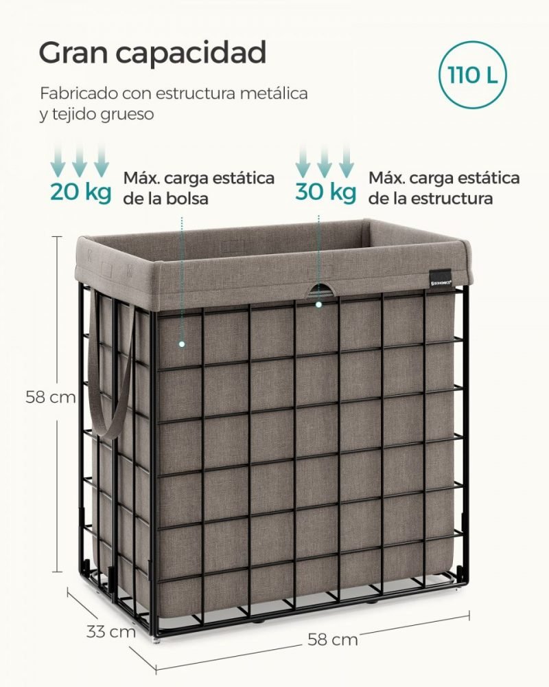 Cesto de ropa sucia plegable 110 litros, bolsa extraíble lavable, marrón - Imagen 7