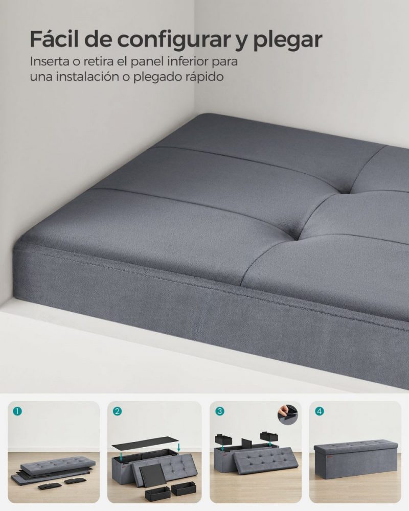 Banco almacenaje terciopelo, taburete reposapiés, gris pizarra - Imagen 4