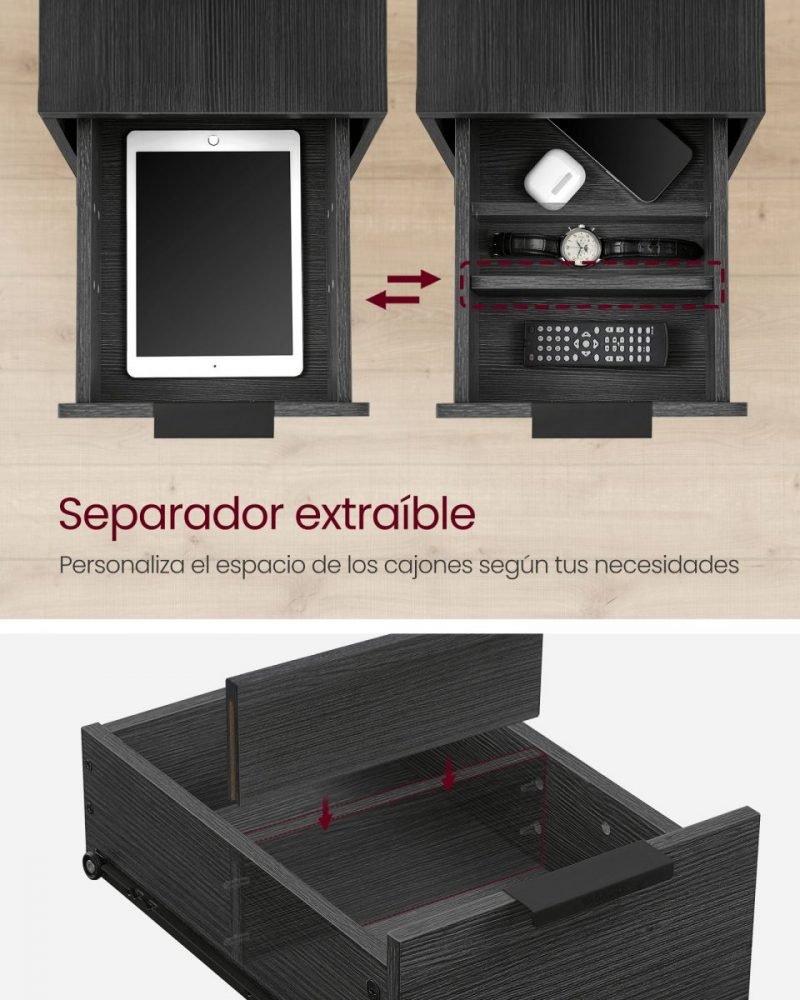 Mesa auxiliar multifuncional con multienchufe, 2 cajones, gris ahumado - Imagen 6