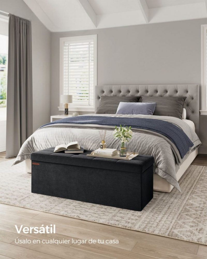 Banco almacenaje terciopelo, taburete reposapiés, negro tinta - Imagen 2