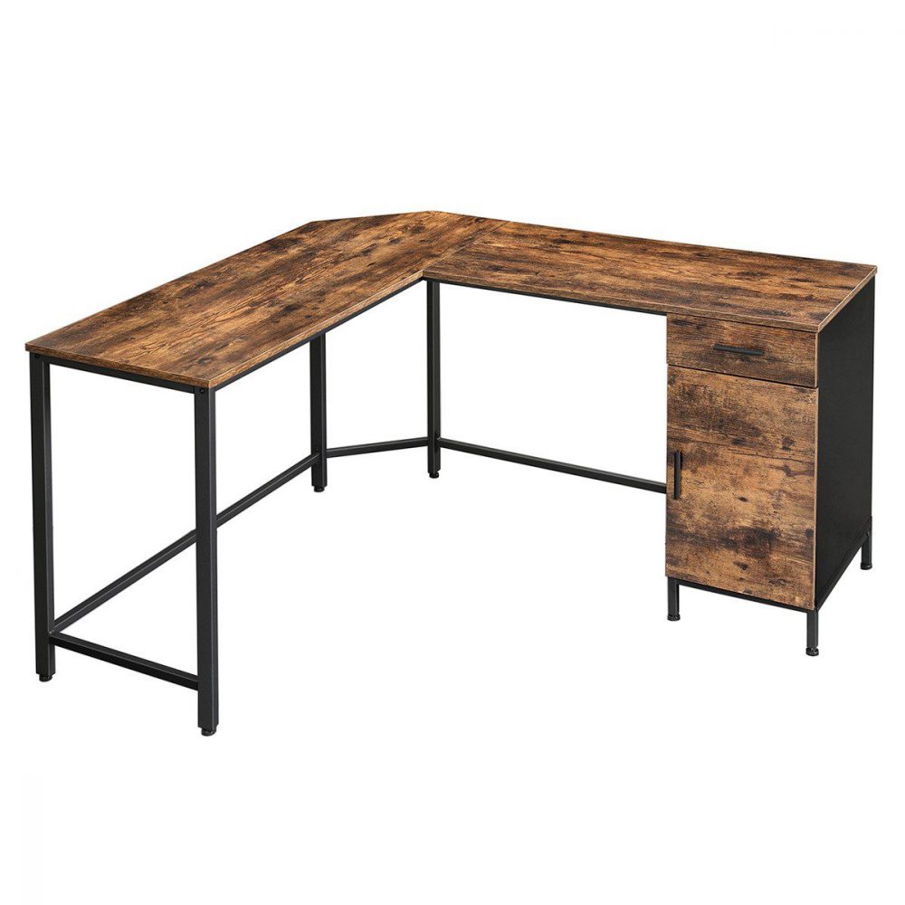 Escritorio de esquina en forma de l, marrón rústico y negro - Imagen 2