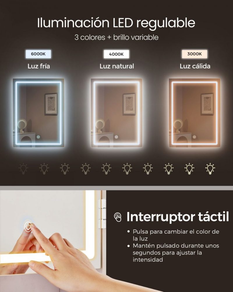 Tocador moderno con luces led ajustables, blanco - Imagen 8