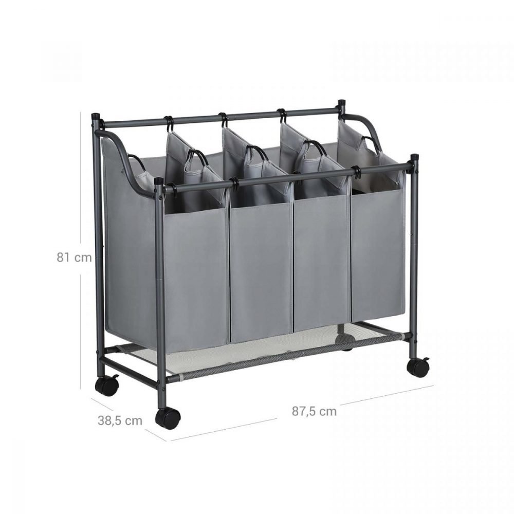 Carrito lavandería 4 bolsas extraíbles, ruedas, clasificador ropa, gris - Imagen 5
