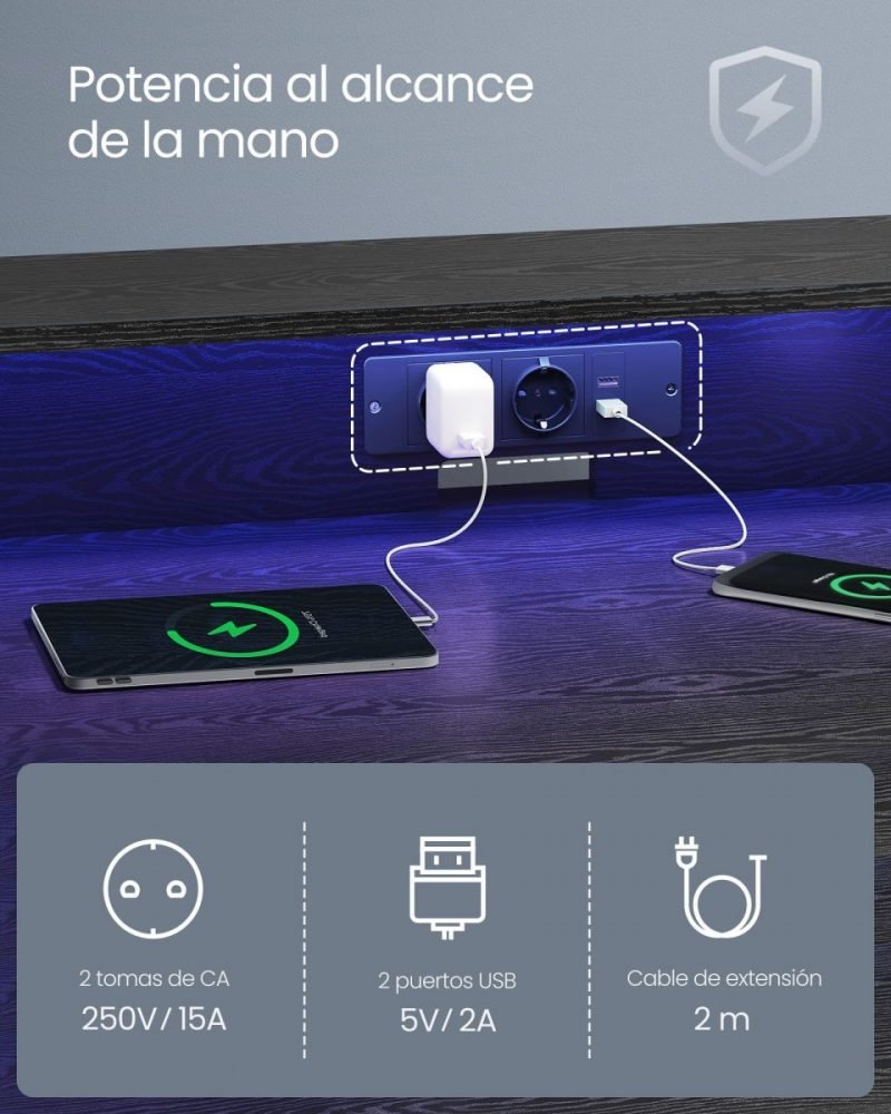 Escritorio gaming luz led, tomas de corriente, estante superior, 100 cm, 100 cm - Imagen 5