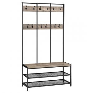 Perchero con banco, diseño industrial, 12 ganchos, greige