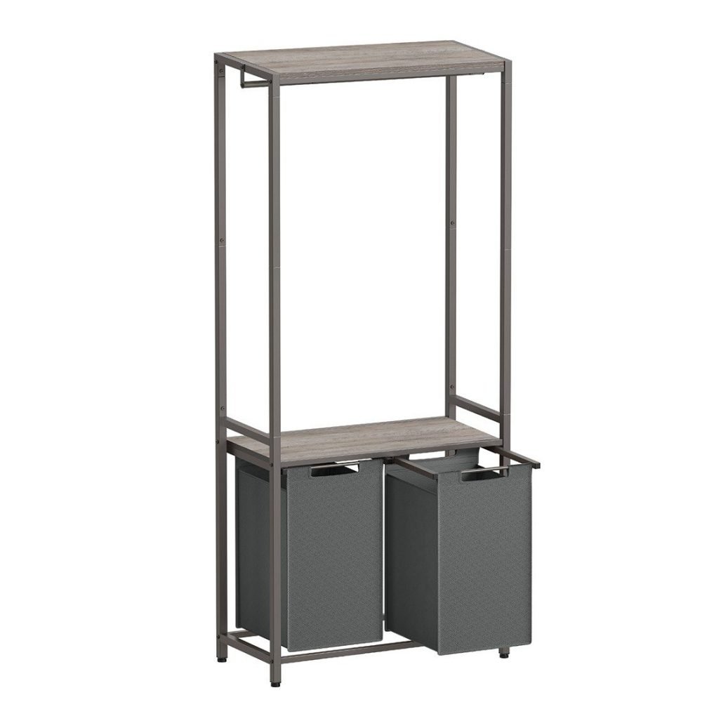 Mueble con cesto doble ropa sucia, barra colgante, estante, greige