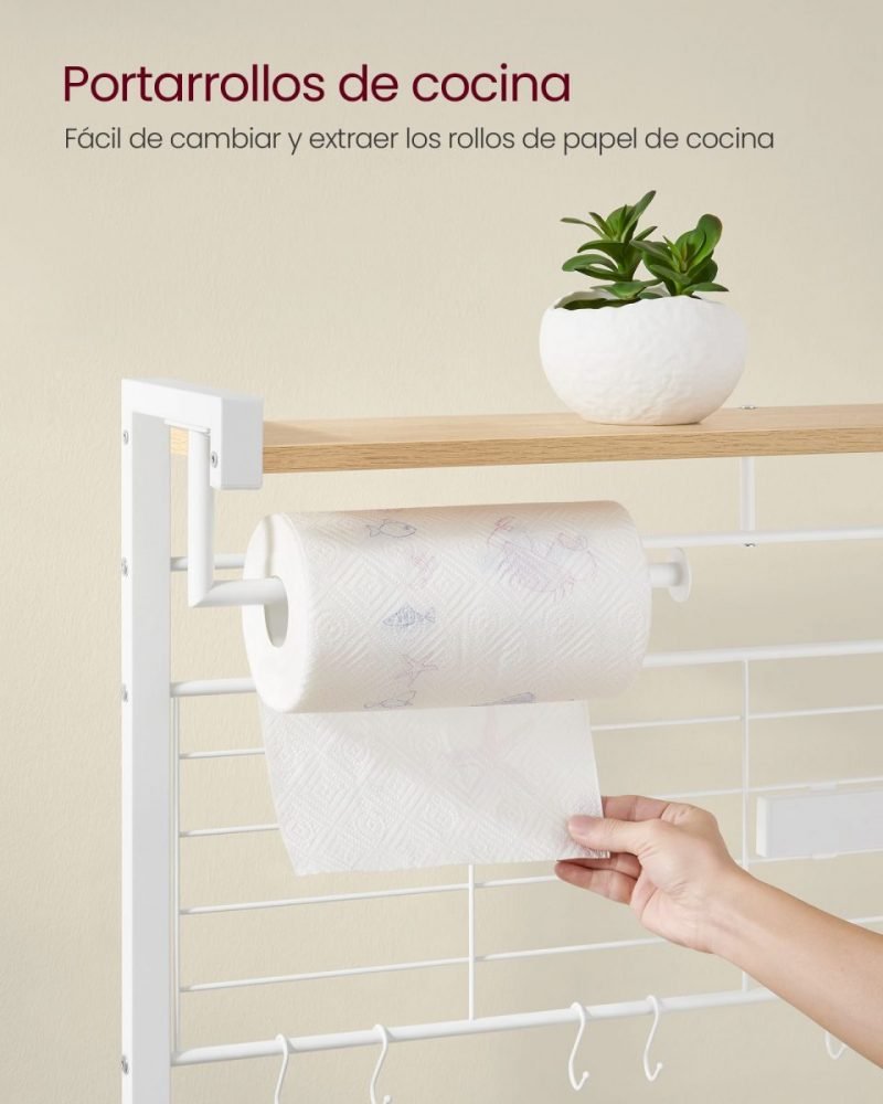 Estantería con isla de cocina, tira magnética y soporte rollos, roble dorado - Imagen 4
