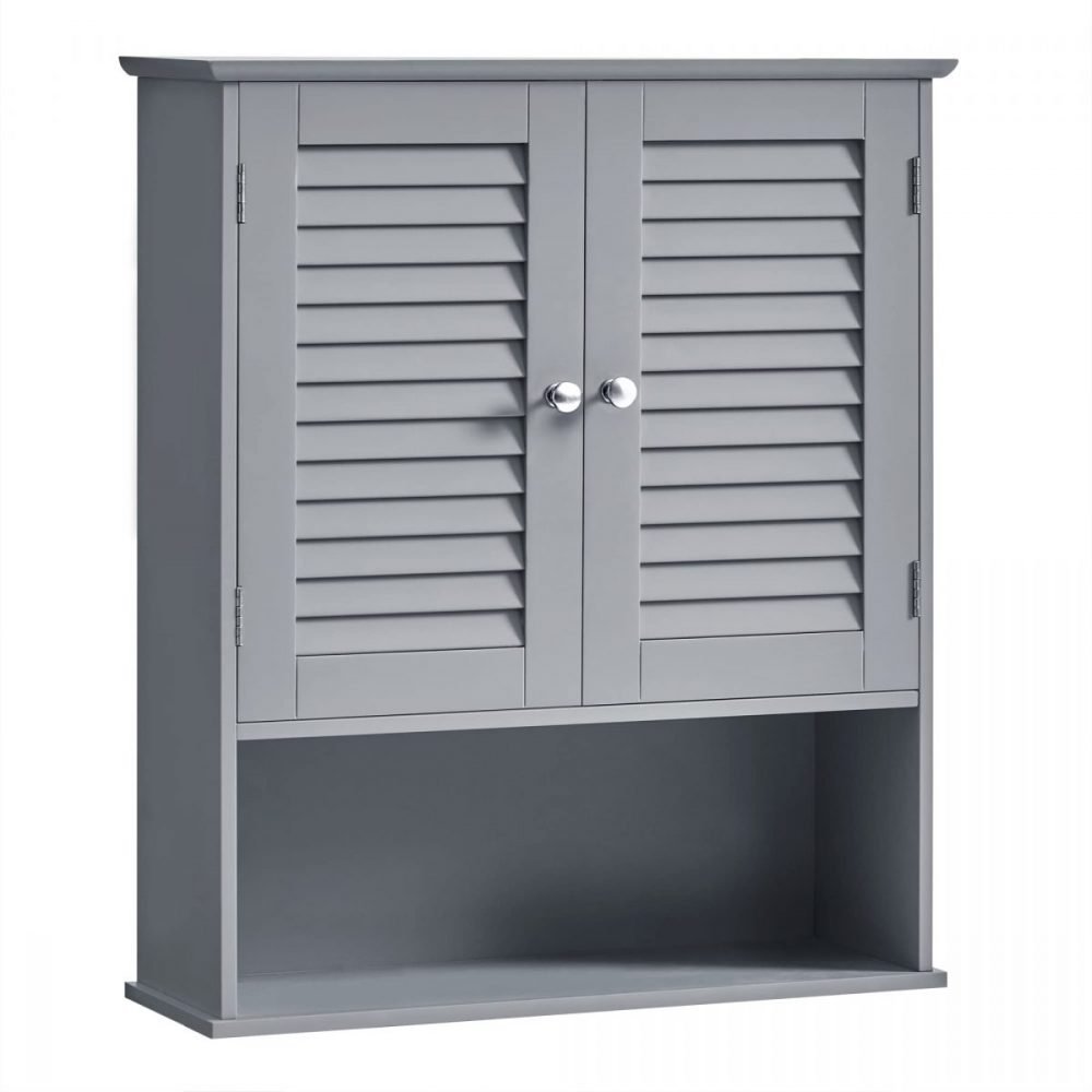Armario colgante baño, puertas persiana, estante ajustable, gris ahumado