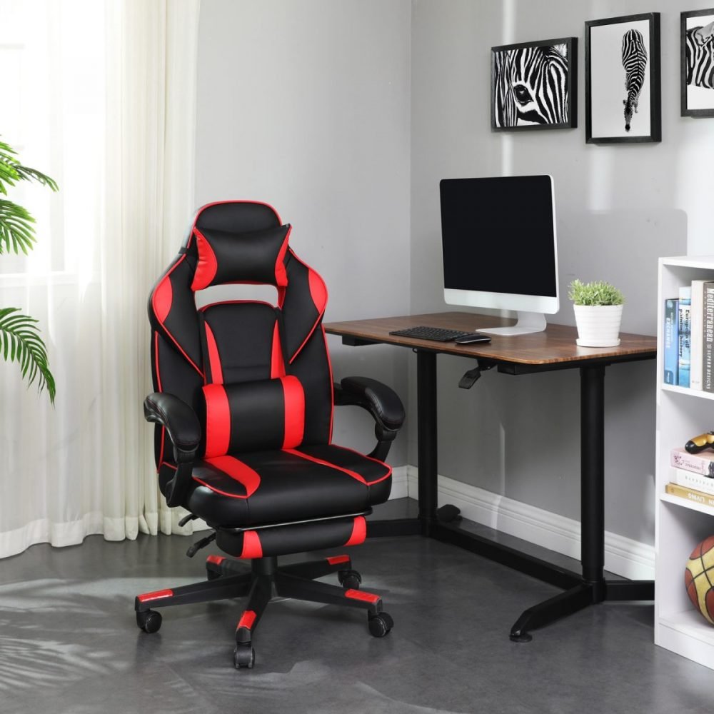 Silla oficina gaming ergonómica, reposapiés telescópico, 150 kg, rojo - Imagen 6