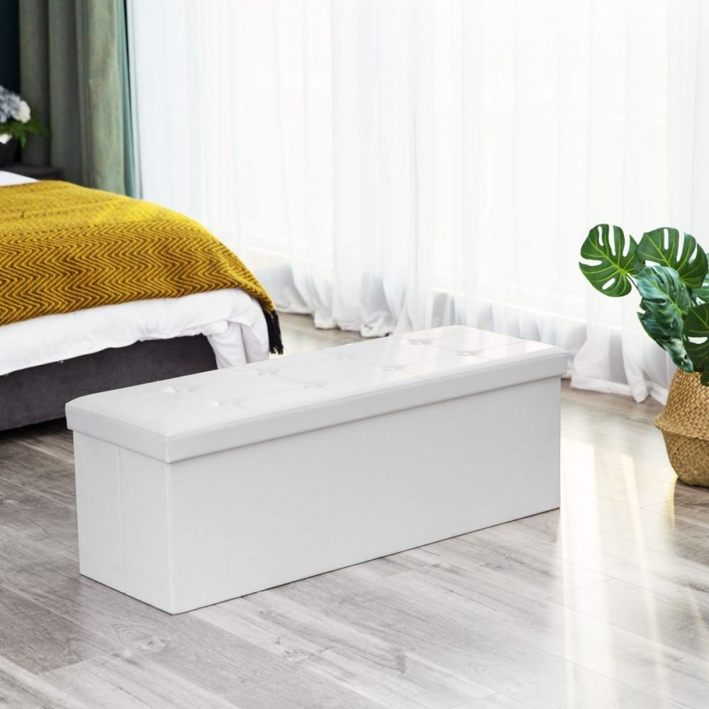 Taburete baúl plegable en blanco, soporta hasta 300 kg - Imagen 4