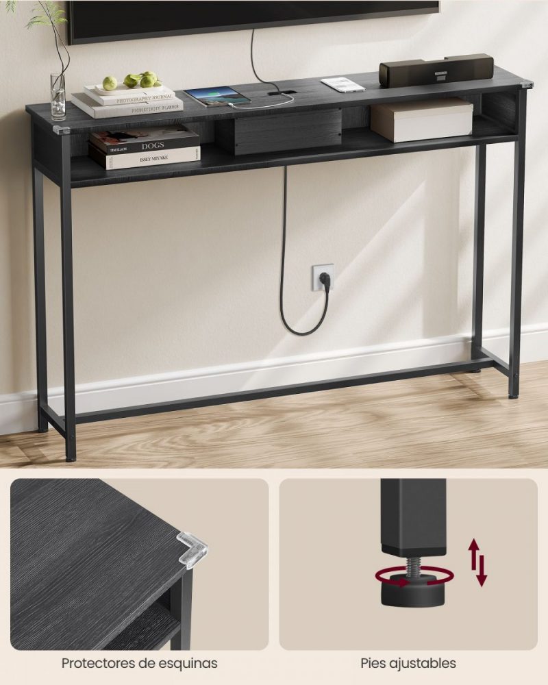 Mesa de consola delgada con multienchufe integrado, gris ahumado - Imagen 2