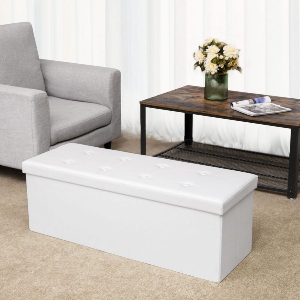 Taburete baúl plegable en blanco, soporta hasta 300 kg - Imagen 5