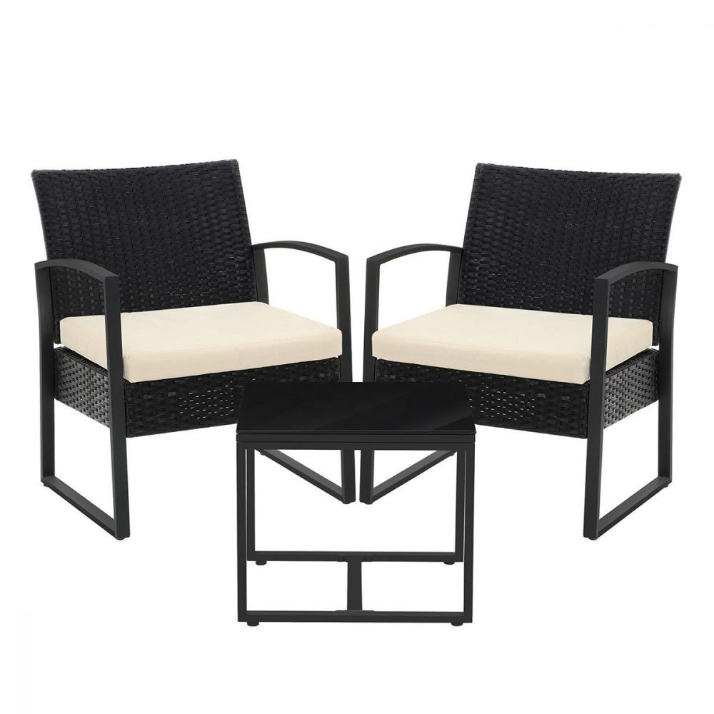 Conjunto muebles ratán jardín 3 piezas, sillas y mesa, negro y blanco