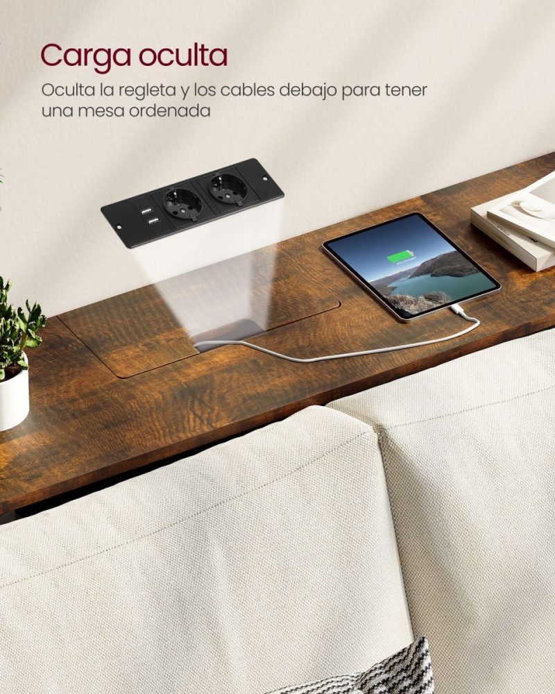 Mesa de consola delgada con multienchufe integrado, marrón rústico - Imagen 7