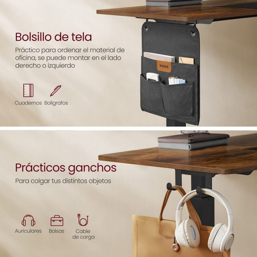 Escritorio eléctrico ajustable, memoria, bolsillo almacenamiento, marrón rústico y negro - Imagen 7