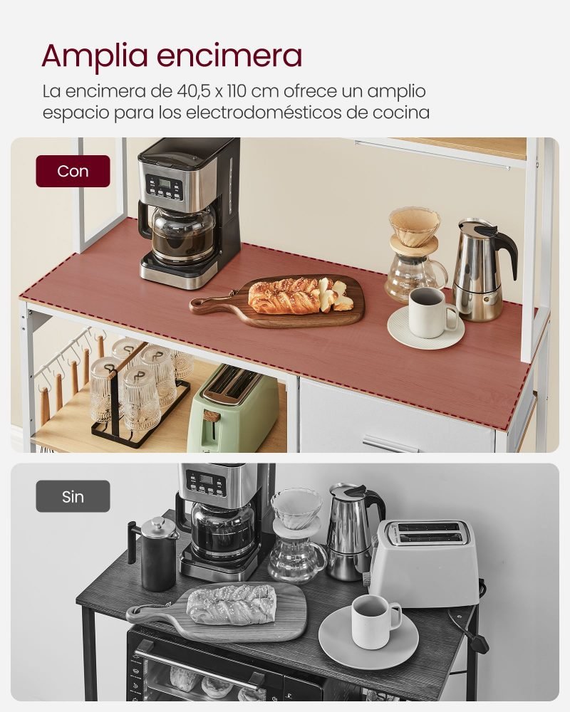 Aparador cocina con enchufes y estantes ajustables, roble y blanco - Imagen 5