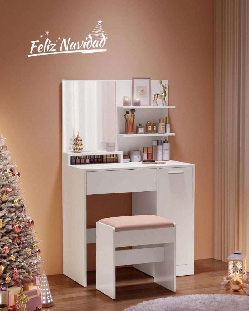 Tocador moderno con espejo grande, estantes ajustables, blanco - Imagen 3