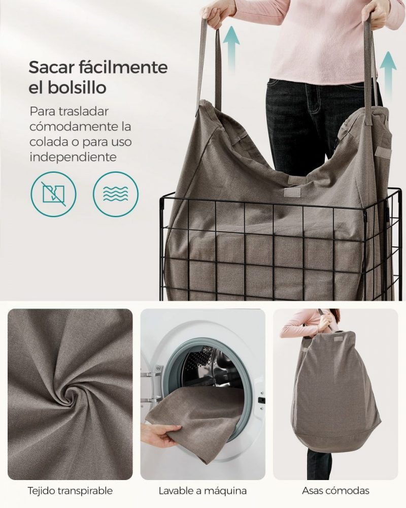 Cesto de ropa sucia plegable 110 litros, bolsa extraíble lavable, marrón - Imagen 4