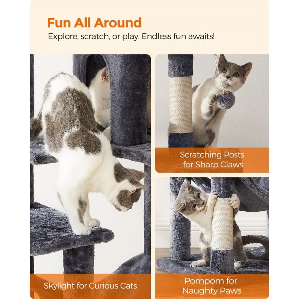 Árbol para gatos de 143 cm, rascadores, plataformas, hamaca, gris antracita - Imagen 6