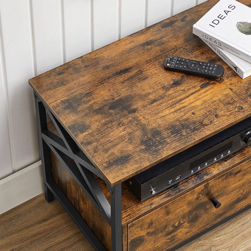 Mueble tv con 2 cajones, estantes abiertos, marrón rústico - Imagen 4