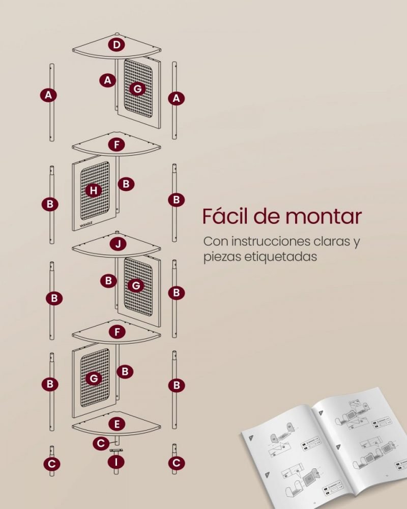 Estantería esquinera 5 niveles, diseño ratán, estructura de metal, negro ébano - Imagen 8
