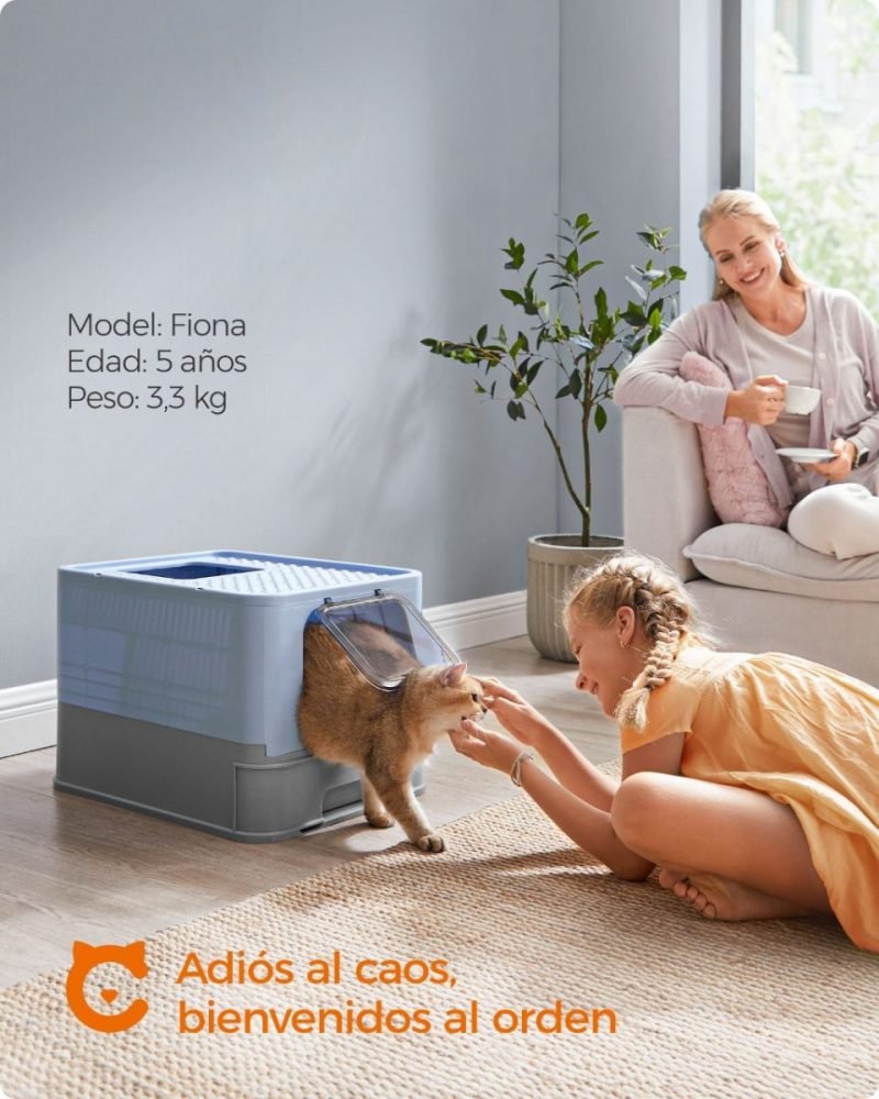 Arenero para gatos grandes con bandeja extraíble, azul pálido y gris paloma - Imagen 2