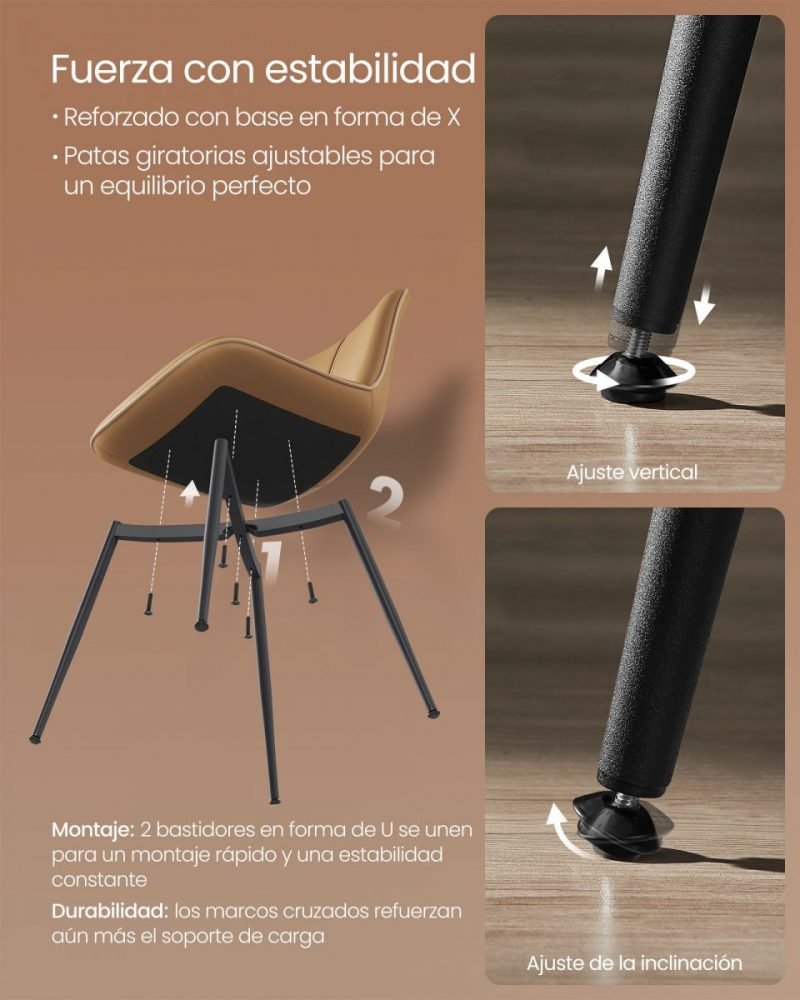 Juego 2 sillas comedor tapizado, respaldo curvo, patas acero, marrón caramelo - Imagen 8