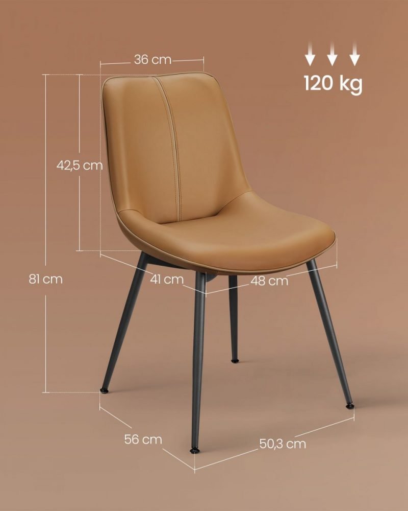 Juego 2 sillas comedor tapizado, respaldo curvo, patas acero, marrón caramelo - Imagen 2