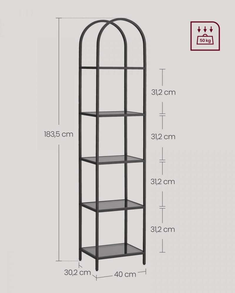Estantería 5 niveles vidrio templado, diseño arqueado, negro - Imagen 8