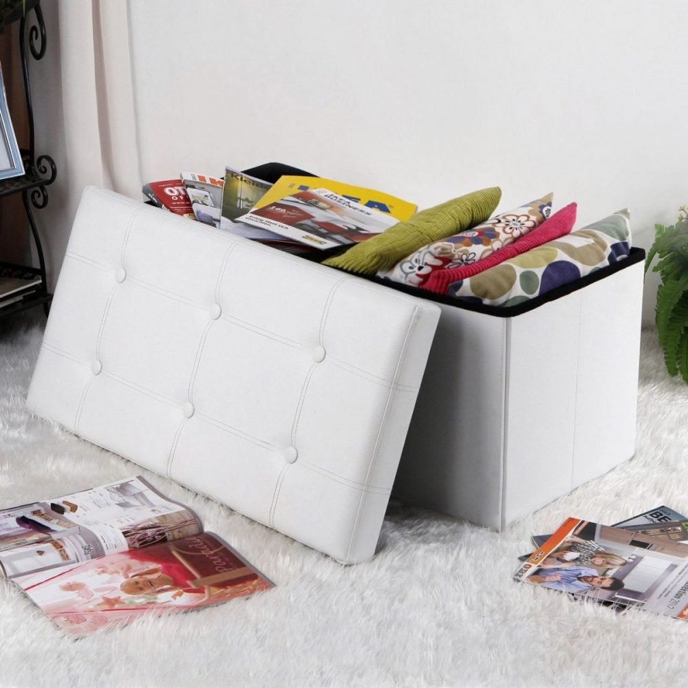 Taburete baúl plegable en blanco, puf de almacenaje, 76x38x38 cm - Imagen 5