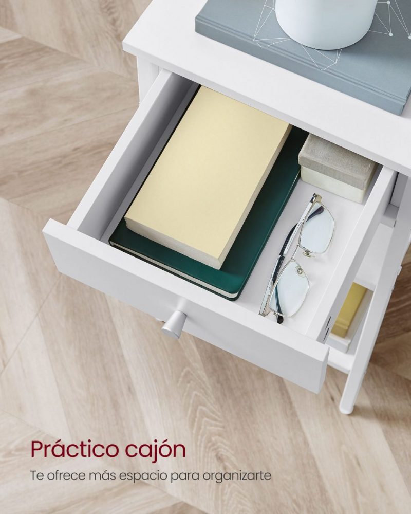 Mesita de noche con cajón y 2 estantes, blanco - Imagen 5