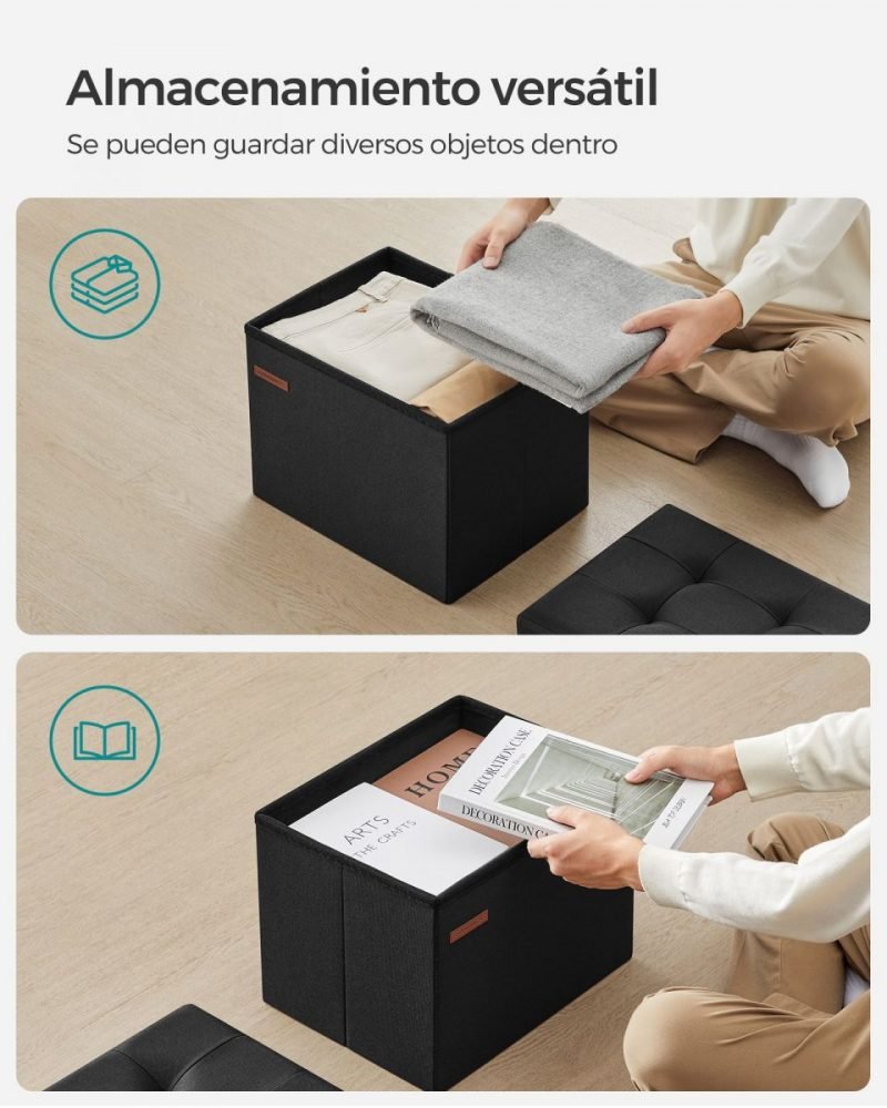 Taburete almacenaje con tapa, lino, negro - Imagen 4